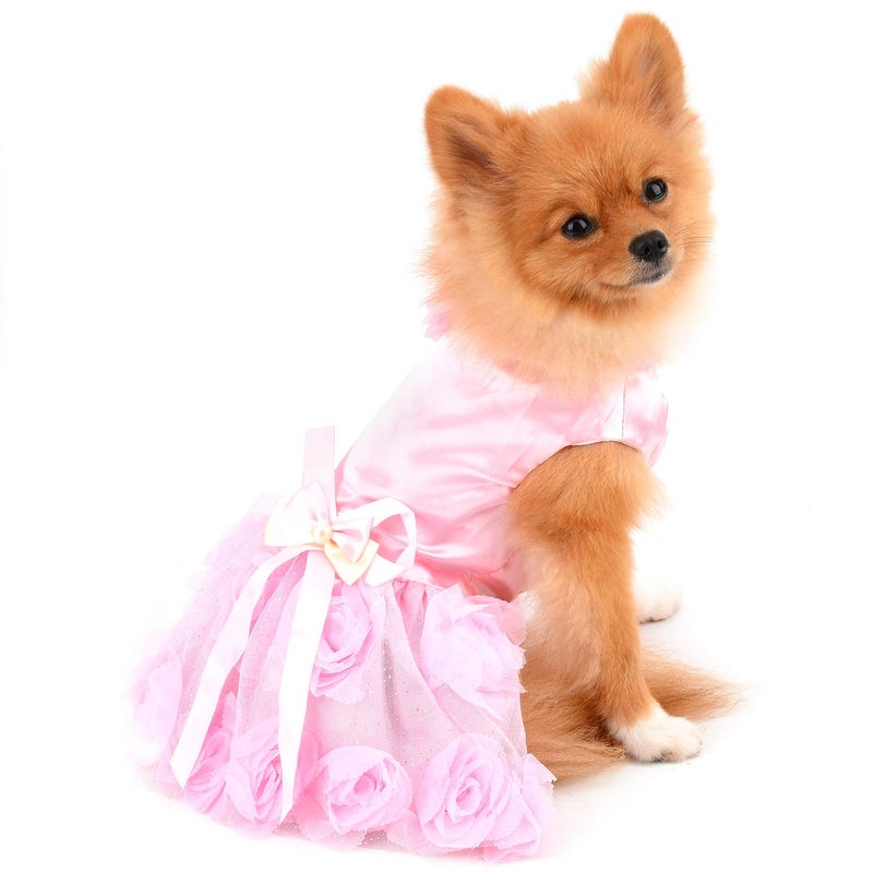 PAIDEFUL Pet Dress for Small Dog Girls Luxury Puppy Wedding Dress Rose Flower Lace Tutu Skirt Silky Bow Birthday Party Dog Clothes,Pink,Size M - Image 3